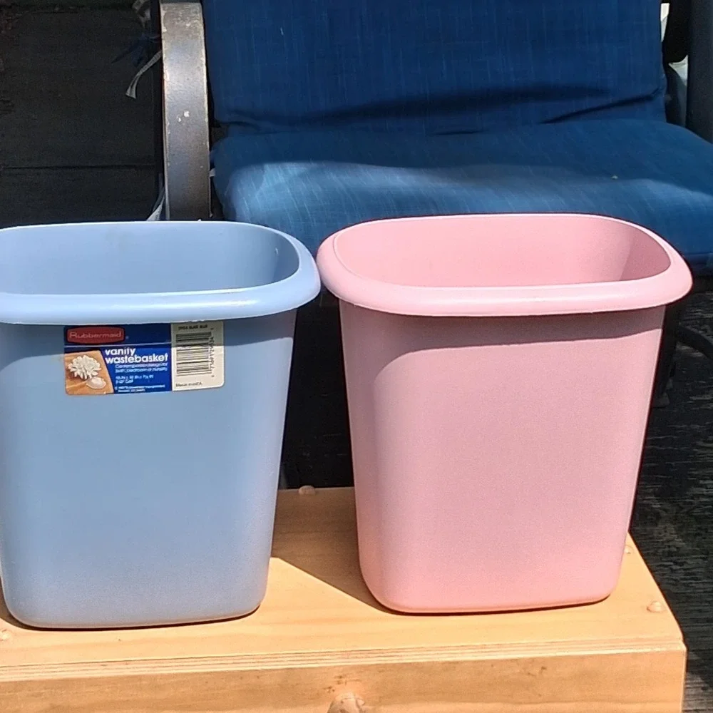 Vintage 90s Rubbermaid Wastebasket 2 Dusty Rose Pink Country Slate Blue USA
